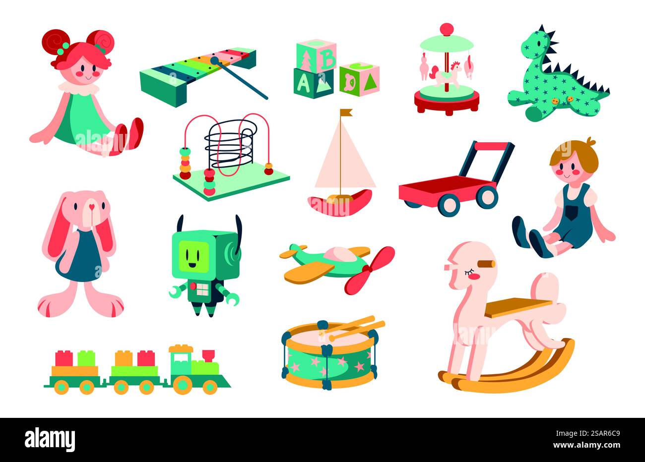 Giocattoli per bambini. Cartoni animati, bambole e robot per bambini in stile piatto per giocare ed educare. Trasporto di neonati e bambini piccoli. Collezione musicale di xilofono e animali di peluche. Set di playthings isolati vettoriali. Giocattoli per bambini. Cartoni animati, bambole e robot per giocare ed educare. Trasporto di neonati e bambini piccoli. Collezione musicale di xilofono e animali. Set di playthings isolati vettoriali Illustrazione Vettoriale