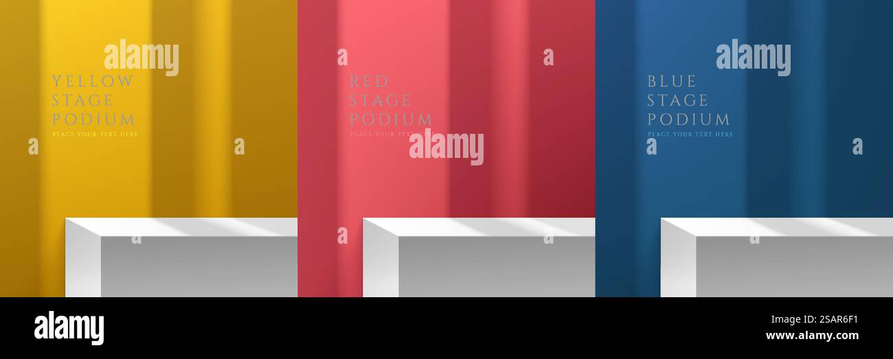 Set di tavolo bianco realistico in camera 3D astratta di colore giallo, blu scuro e rosso. Forme geometriche di rendering vettoriale. Scenografia murale minimale con sovrapposizione delle ombre. Palco per vetrina, esposizione del prodotto. Illustrazione Vettoriale