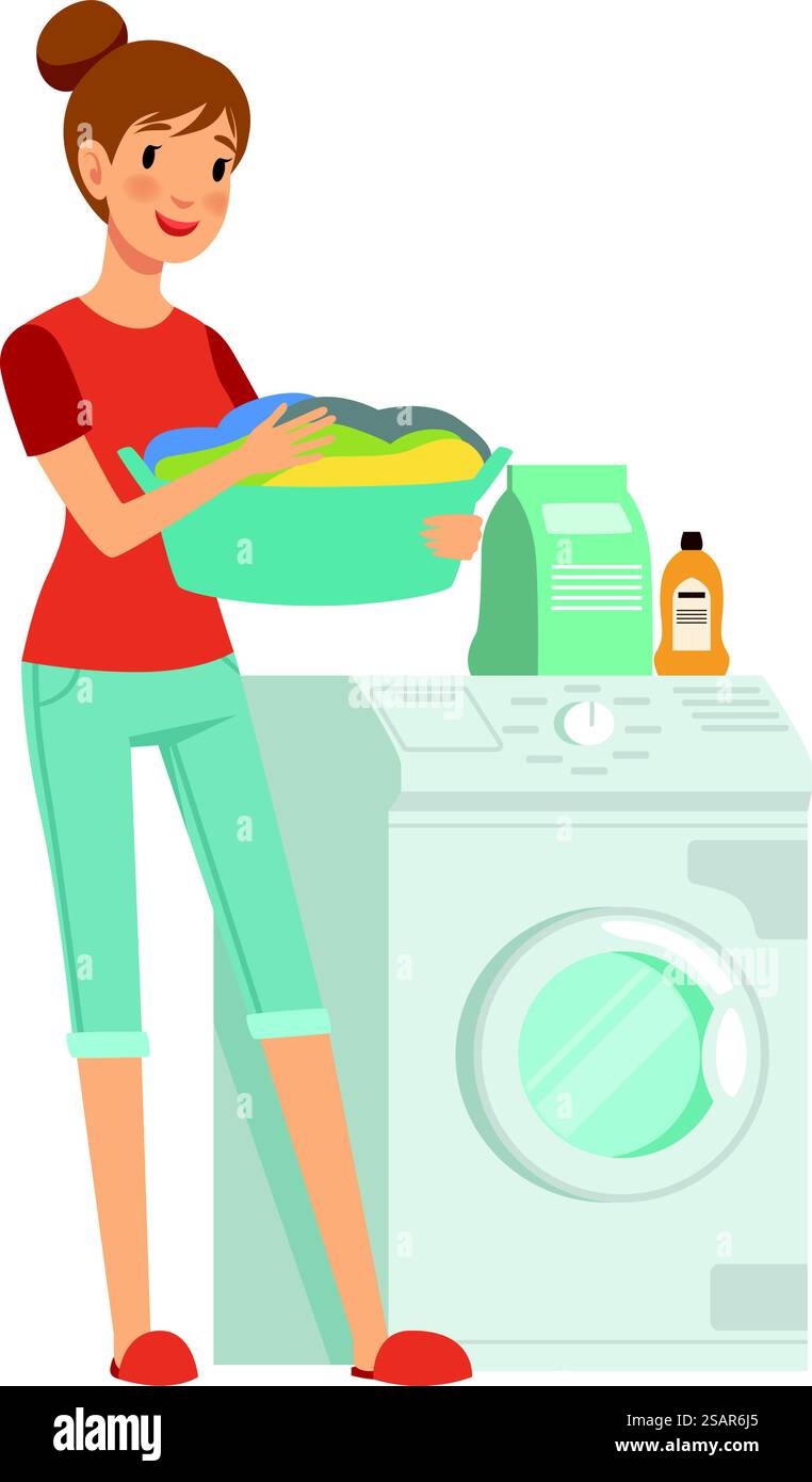 Illustrazione del servizio di lavanderia per la casa. Donna che lava i vestiti in lavatrice isolati su sfondo bianco. Illustrazione del servizio di lavanderia per la casa. Donna che lava i vestiti in lavatrice Illustrazione Vettoriale