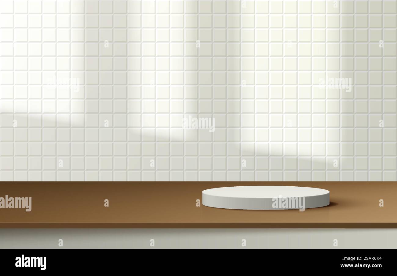 Piedistallo a cilindro 3D realistico bianco astratto su tavolo in legno con scena piastrelle quadrate bianche e ombra della finestra. Scenografia minima per la presentazione del prodotto. Progettazione di piattaforme di rendering vettoriale. Illustrazione Vettoriale