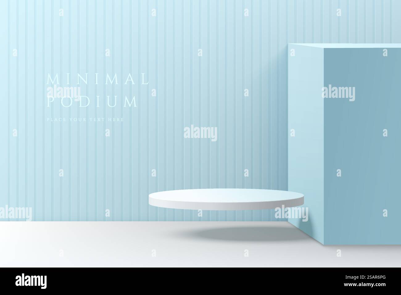 Camera blu 3D astratta con il podio bianco realistico che galleggia sull'aria. Parete minimale pastello per l'esposizione di prodotti mockup. Forme geometriche vettoriali. Palcoscenico per la vetrina. EPS10 vettoriale. Illustrazione Vettoriale