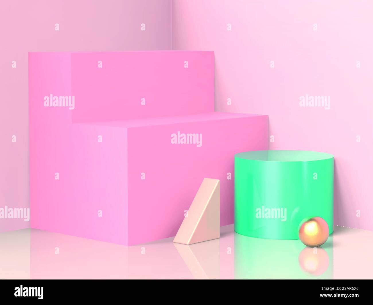 Scenografia minimale con scale rosa ed elementi geometrici nell'illustrazione 3D. Scenografia minima con elemento geometrico Illustrazione Vettoriale