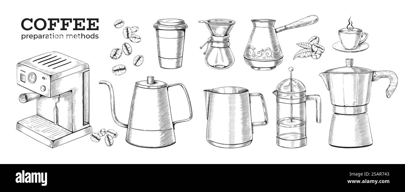 Metodi di preparazione del caffè estratto a mano. Dispositivi per la preparazione di bevande incisi. Cezve di metallo e bollitore per moka. Pressa francese in vetro e versare sulla macchina da caffè. Macchina elettrica da cucina. Set di schizzi Vector vintage. Metodi di preparazione del caffè estratto a mano. Dispositivi per la preparazione di bevande incisi. Cezve di metallo e bollitore per moka. Pressa francese e versamento del caffè. Macchina elettrica da cucina. Insieme di schizzi vettoriali Illustrazione Vettoriale