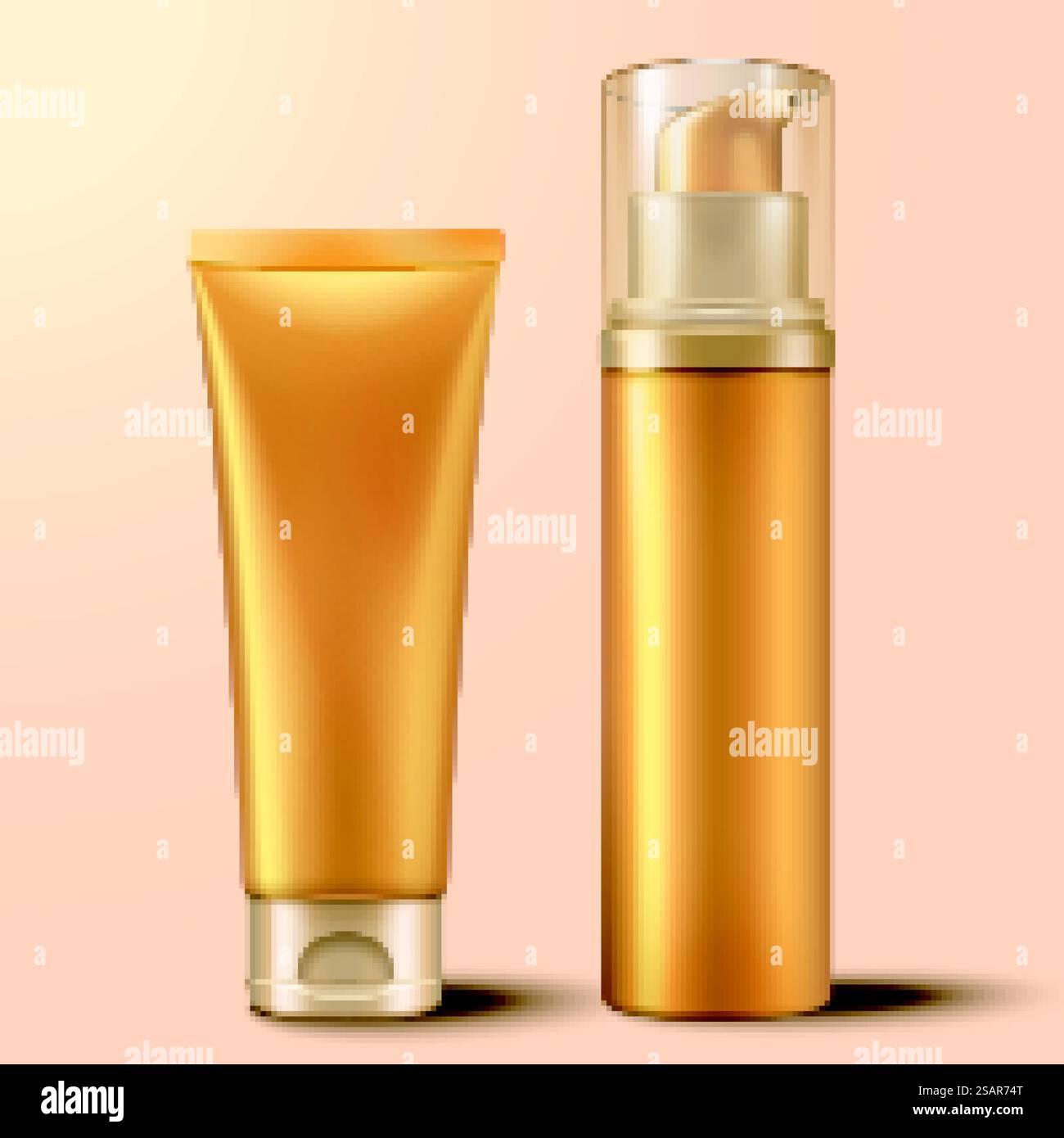 Contenitore cosmetico vuoto di colore oro, illustrazione 3D. Set contenitore cosmetico vuoto Illustrazione Vettoriale