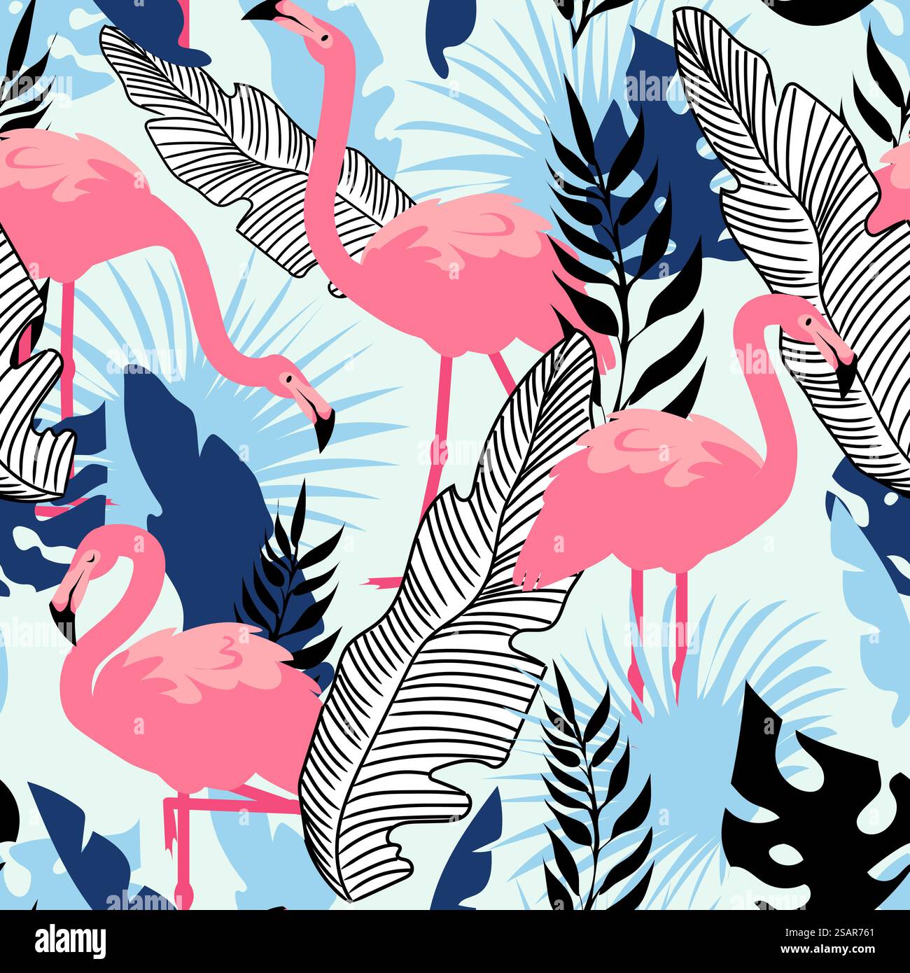 Schema del fenicottero. Texture estiva senza cuciture con uccelli esotici rosa e foglie di palma tropicale. Cartoni animati animati, animale da zoo. Tessuti per arredamento, carta da rivestimento, carta da parati vettoriale per la spiaggia estiva o tessuto. Schema del fenicottero. Texture estiva senza cuciture con uccelli esotici rosa e foglie di palma tropicale. Animale da cartone animato. Tessuti per arredamento, carta da rivestimento, carta da parati vettoriale per la spiaggia estiva o tessuto Illustrazione Vettoriale