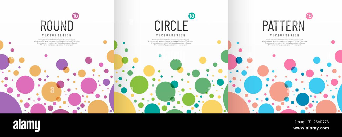 Set di pois colorate fantasie coriandoli su sfondo bianco con spazio per le copie. Il cerchio rotondo sovrappone i livelli crea bolle. Texture a punti casuali in una scena di colori alla moda. Illustrazione vettoriale. Illustrazione Vettoriale