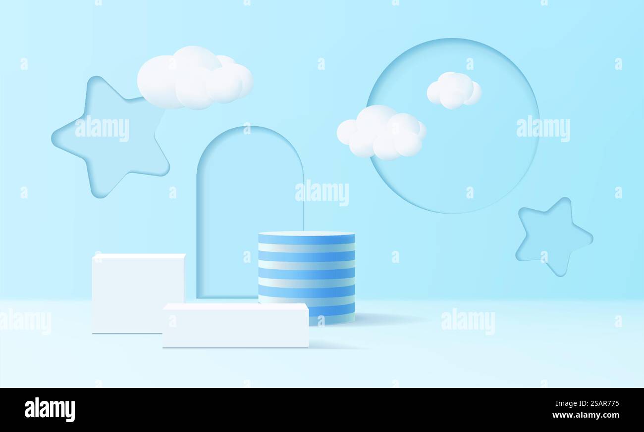 podio 3d su sfondo blu forme geometriche astratte con nuvole, mock-up moderno e minimalista per l'esposizione di prodotti, podio o vetrina Illustrazione Vettoriale