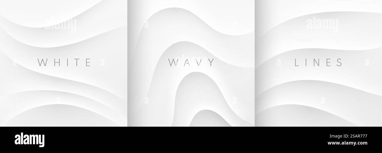 Serie di onde 3D astratte con motivo increspato su sfondo bianco. Topografia curva linee di contorno con luce e ombra. Da utilizzare per banner, Web, brochure, copertina, poster, annuncio a mezzo stampa, ecc. EPS10 vettoriale. Illustrazione Vettoriale
