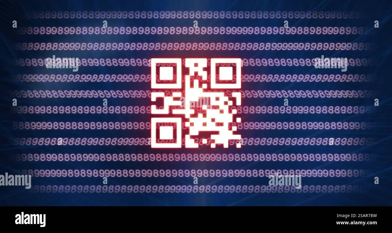 Immagine del codice qr e dell'elaborazione dei dati di codifica binaria su sfondo nero Foto Stock