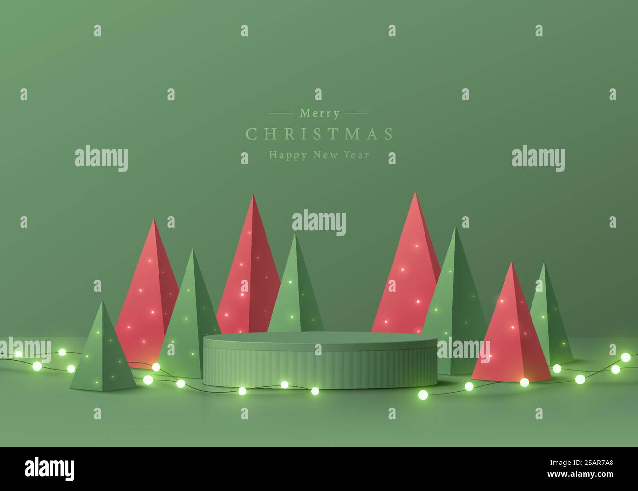 Piedistallo a cilindro 3D astratto e realistico, lampadina al neon sull'albero di natale rosso e verde a forma di piramide. Espositore di mockup minimo per scene murali. Buon natale nuovo anno Vector Stage Concept. Illustrazione Vettoriale