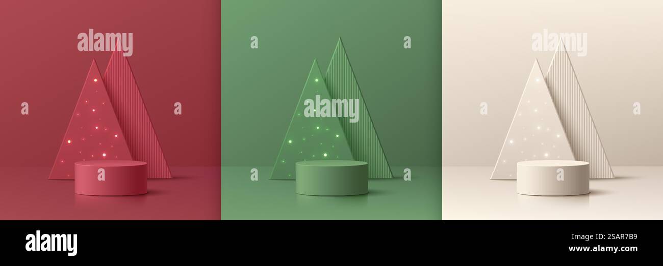 Set di sfondo astratto 3D con podio per cilindri realistico rosso, crema e verde. Lampada al neon sull'albero di natale a triangoli. Display del prodotto per il modello vettoriale. Scena da parete minimale per l'anno nuovo. Vetrina sul palcoscenico. Illustrazione Vettoriale