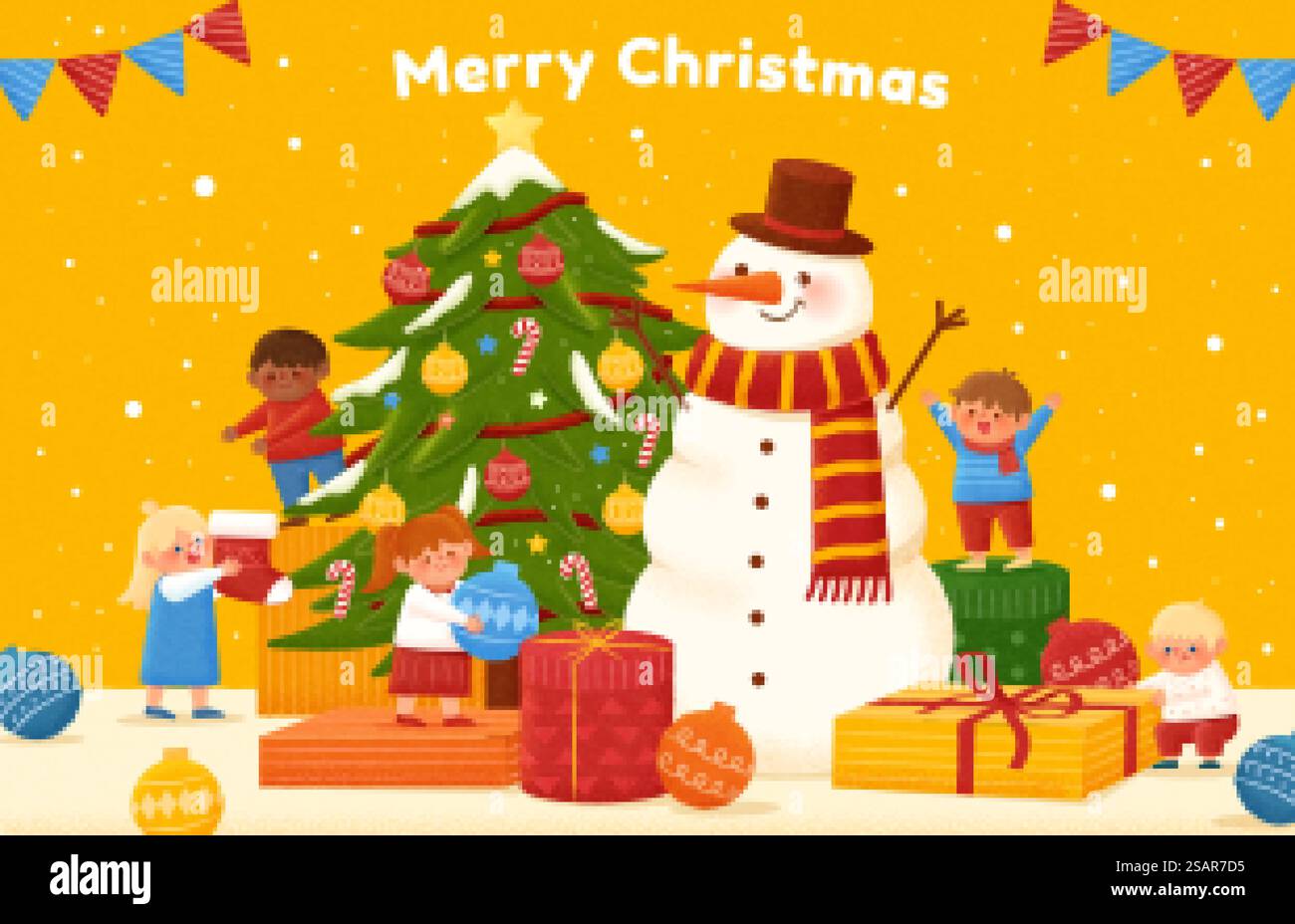 Illustrazione piatta di buon Natale. Bambini che decorano l'albero di Natale con il pupazzo di neve gigante su uno sfondo giallo nevoso. Graziosa illustrazione decorativa natalizia Illustrazione Vettoriale
