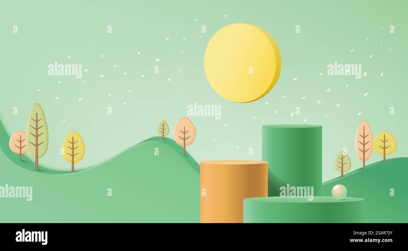 Podio mock-up minimo sul rendering 3d del concept autunnale sullo sfondo Illustrazione Vettoriale