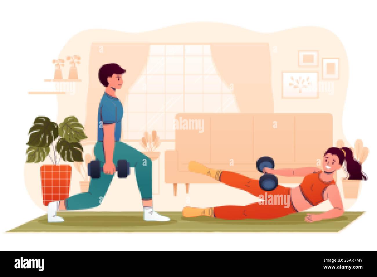 Illustrazione di design piatto di un uomo e una donna che si esercitano a casa. Giovane coppia che solleva pesi manubri al chiuso. Concetto di allenamento domestico in palestra e stile di vita sano. Coppia che si allenava a casa Illustrazione Vettoriale