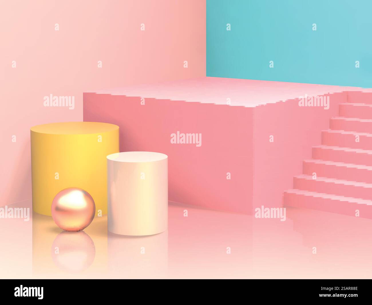 Scenografia minimalista con scale rosa ed elementi a podio nell'illustrazione 3D. Scenografia minima con elemento geometrico Illustrazione Vettoriale