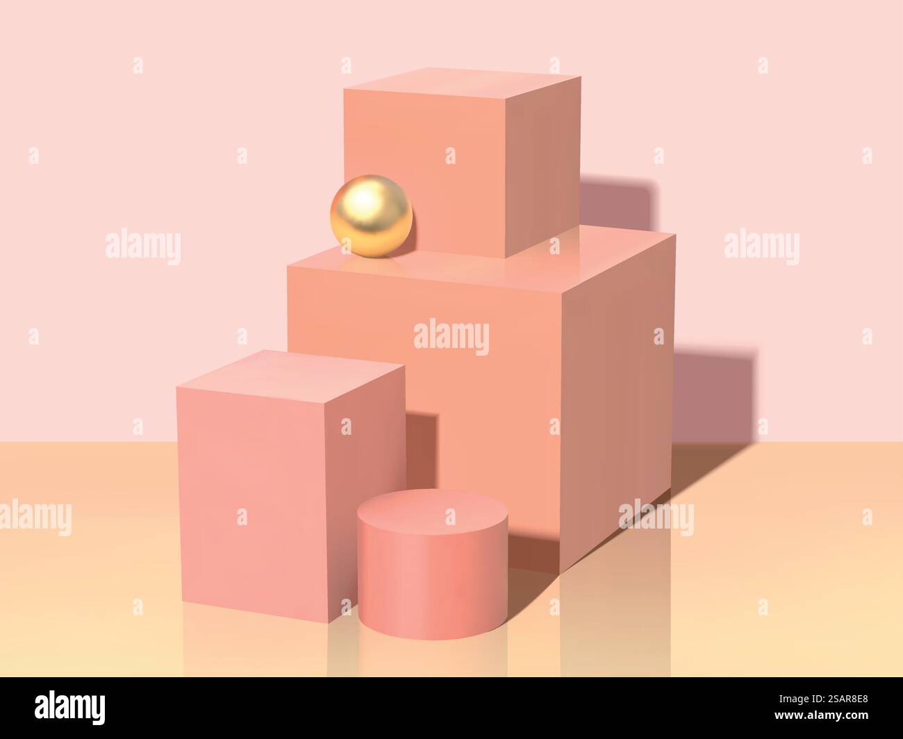 Scenografia minimale con tavolini quadrati rosa ed elementi sferici dorati in 3D. Scena minimalista con quadrati rosa Illustrazione Vettoriale