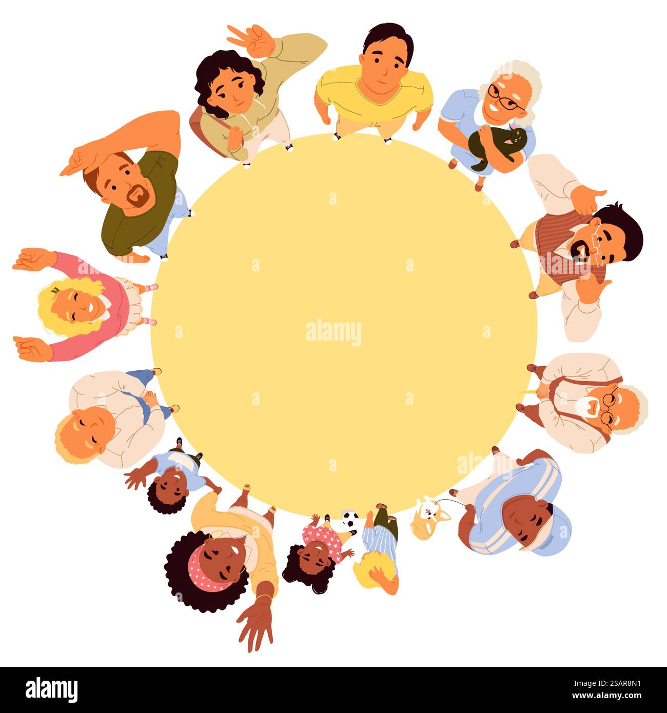Felice positivo persone diverse di età e status sociale diversi in piedi in cerchio, alzando lo sguardo e agitando le mani gesti ok, come l'illustrazione vettoriale di cartoni animati dall'alto. Unità e solidarietà. Persone felici in cerchio che guardano in alto Illustrazione Vettoriale