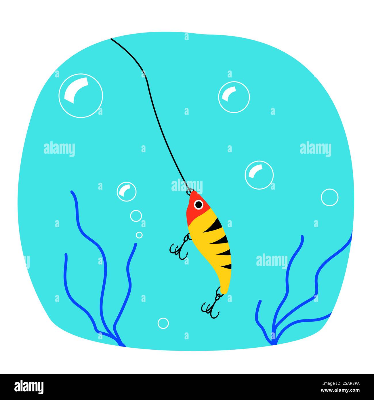 Pescare sott'acqua. Pesci che catturano esche nel lago del fiume e nell'acqua di mare. Esca a canna di forma artificiale di piccolo animale marino con ganci per pesci. Fisherman Tackle. Panorama sottomarino. Strumenti di angolazione vettoriale. Pescare sott'acqua. Pesce che cattura esche nel lago e nel mare del fiume. Esca a canna di forma animale marino artificiale con ganci per pesci. Fisherman Tackle. Panorama sottomarino. Strumenti di angolazione vettoriale Illustrazione Vettoriale