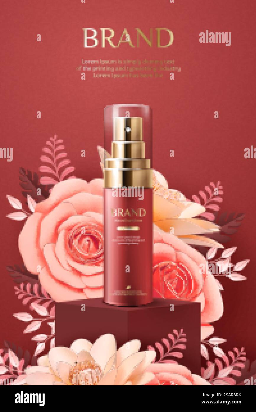Eleganti pubblicità cosmetiche con stampe di carta in fiore su sfondo rosso Bordeaux, illustrazione 3d. Eleganti pubblicità cosmetiche in carta Illustrazione Vettoriale