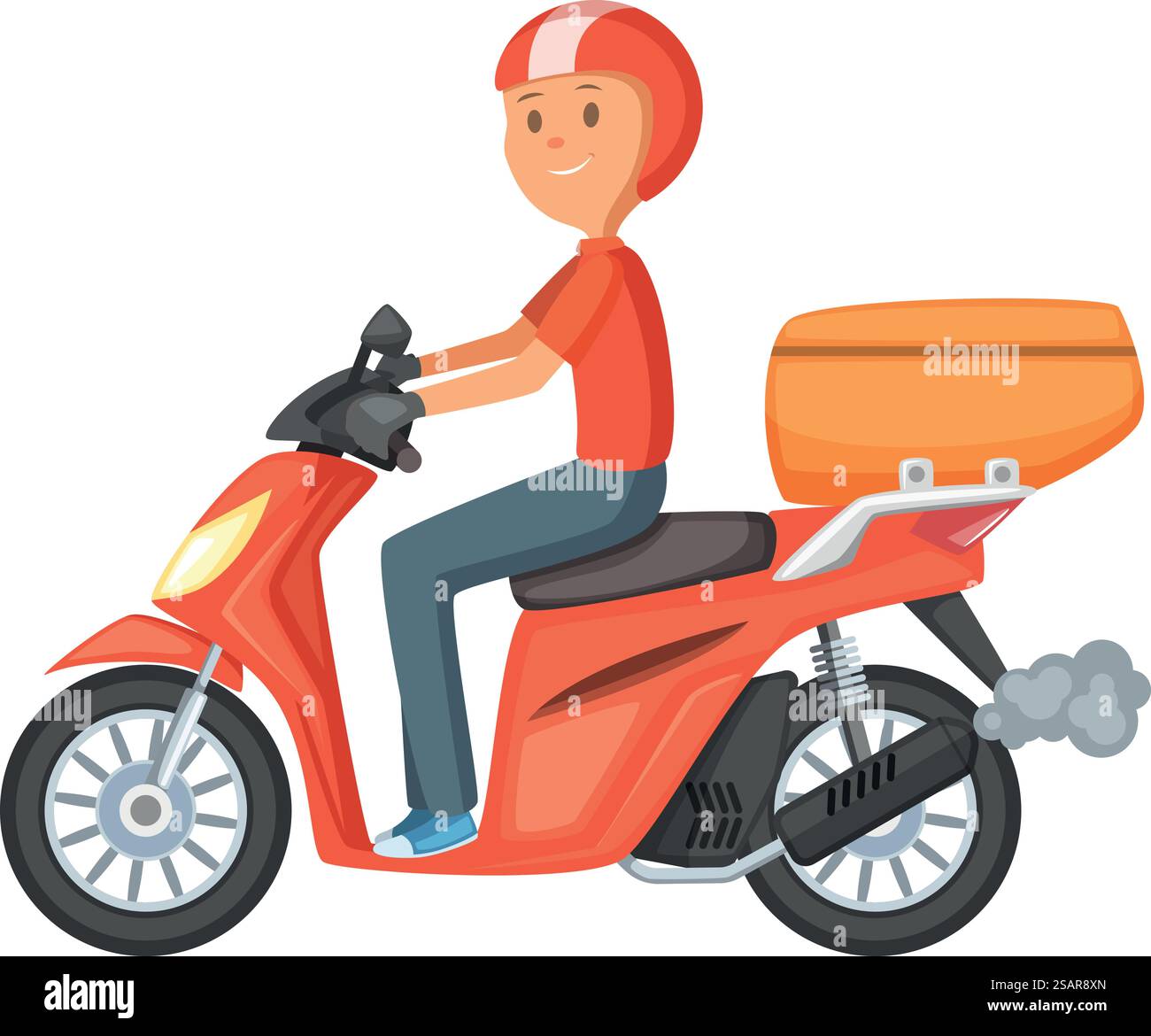 Uomo in scooter. Mascotte a consegna rapida. Carattere a colori isolato su sfondo bianco. Uomo in scooter. Mascotte a consegna rapida. Carattere a colori Illustrazione Vettoriale