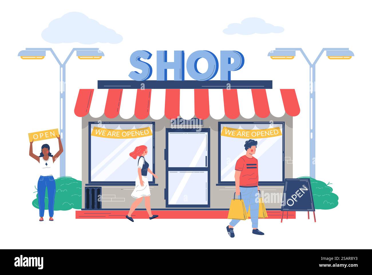 Illustrazione vettoriale dell'evento di apertura del negozio di strada del mercato locale. Promotore donna che attrae clienti e ospiti per lo shopping per diventare primi acquirenti. Illustrazione vettoriale dell'evento di apertura del negozio di strada del mercato locale Illustrazione Vettoriale