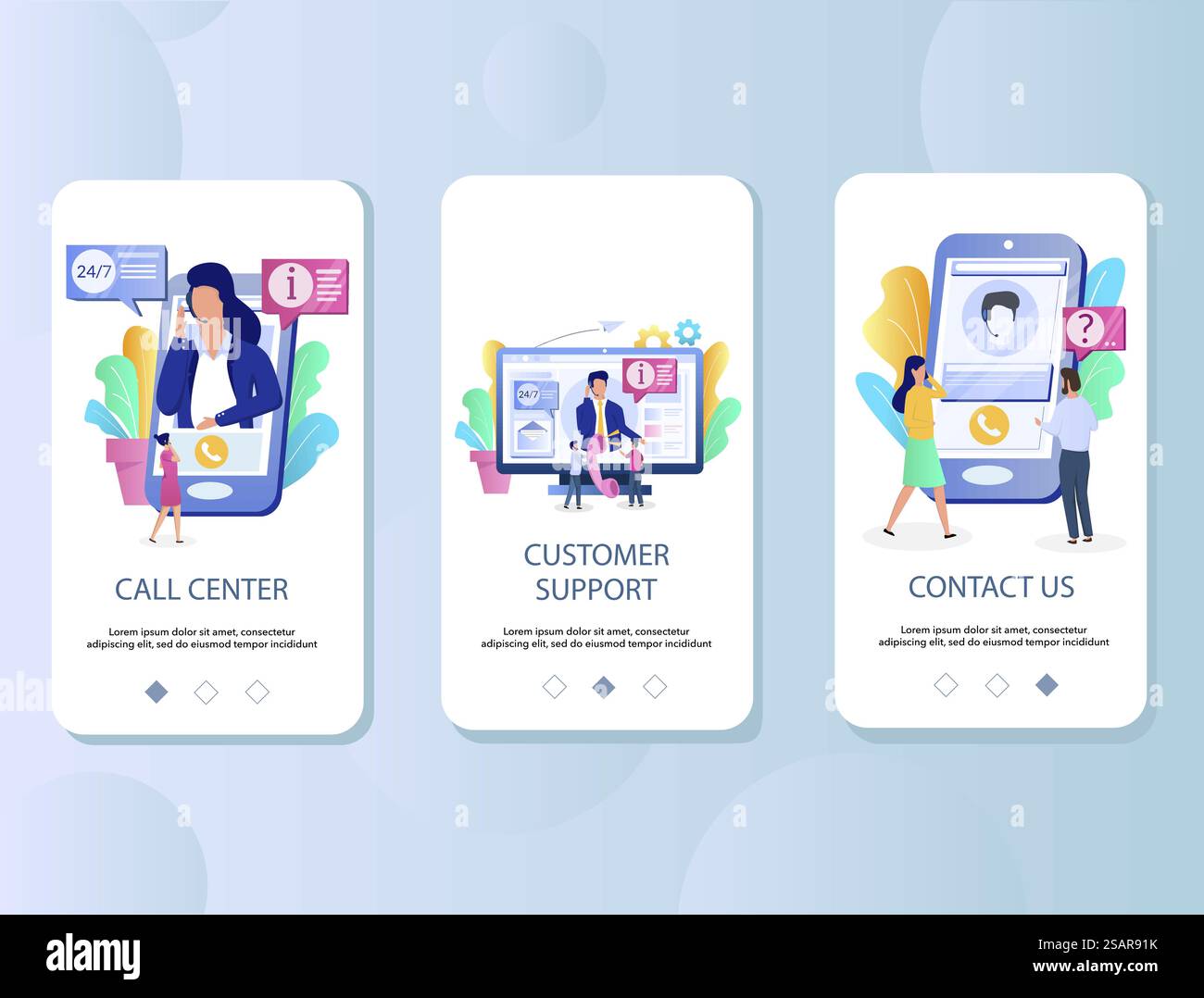 Call center, assistenza clienti, Contuct Us schermate di inserimento dell'app mobile. Modello vettoriale banner menu per lo sviluppo di siti Web e applicazioni. Modello vettoriale delle schermate di onboarding dell'app mobile del call center Illustrazione Vettoriale