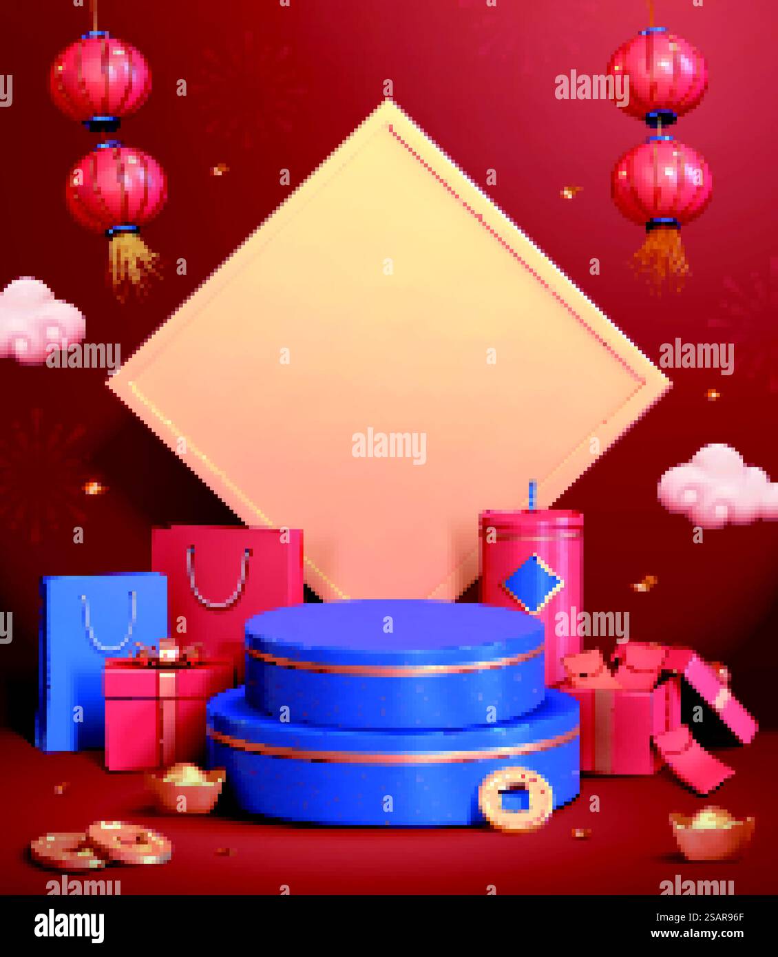 Sfondo podio 3d per CNY. Splendido palcoscenico blu di fronte a un coupon primaverile con oggetti da regalo messi da parte sullo sfondo rosso. Sfondo podio 3d per CNY Illustrazione Vettoriale