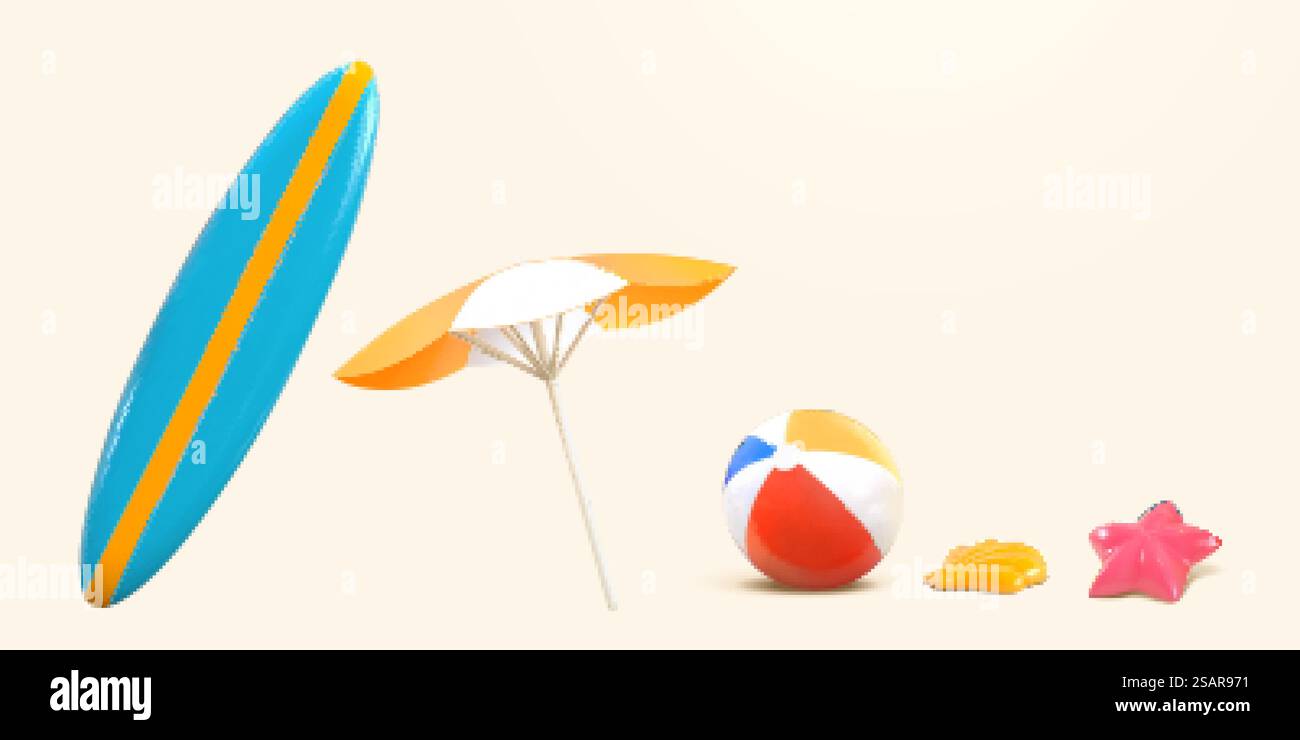 elementi 3d degli oggetti da spiaggia estivi. Articoli utilizzati per prendere il sole, praticare attività all'aperto o per il tempo libero. elementi 3d degli oggetti da spiaggia estivi Illustrazione Vettoriale