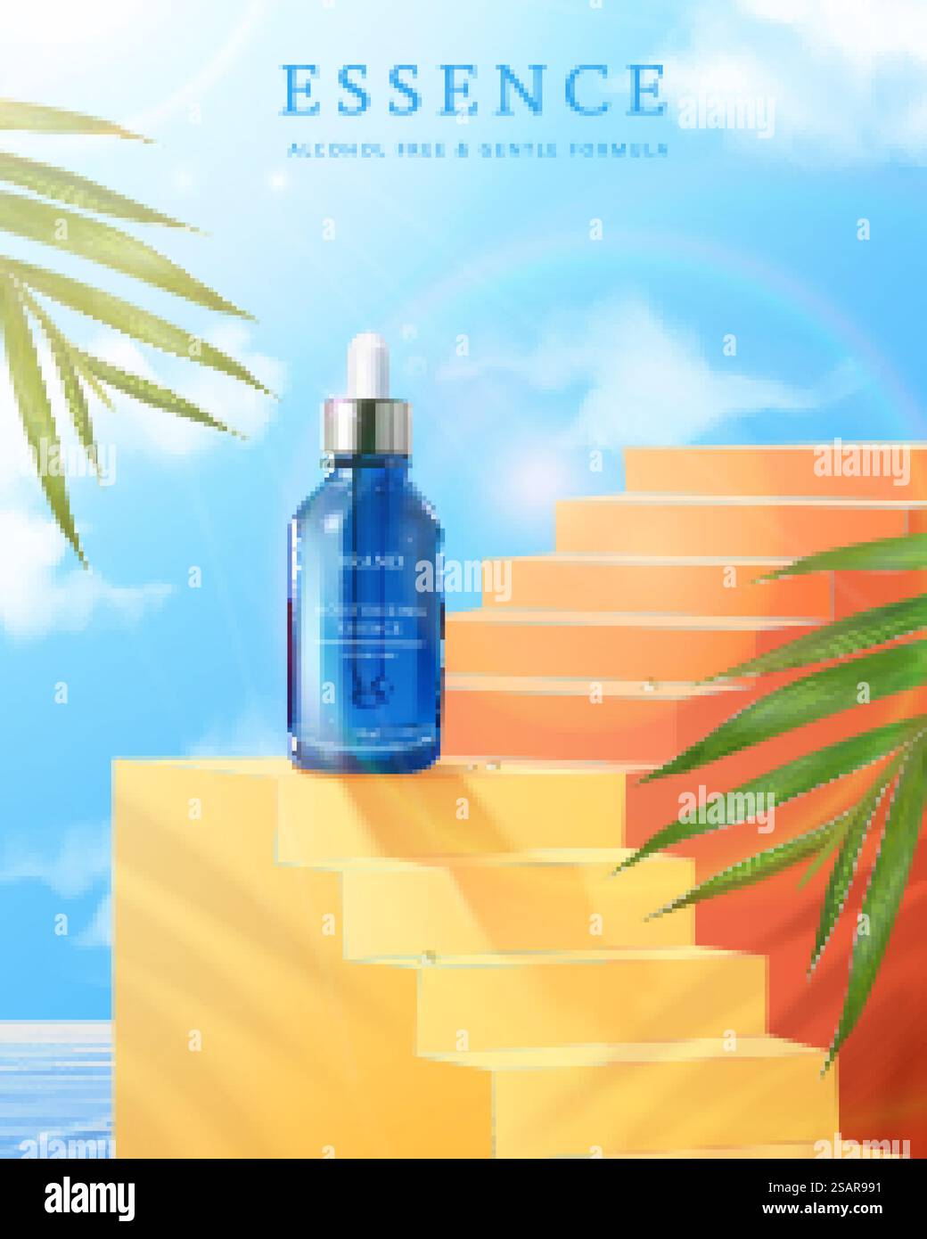 annuncio cosmetico 3d face essence. Immagine del siero idratante per il viso visualizzato su una scala in una giornata di sole. annuncio cosmetico 3d face essence Illustrazione Vettoriale