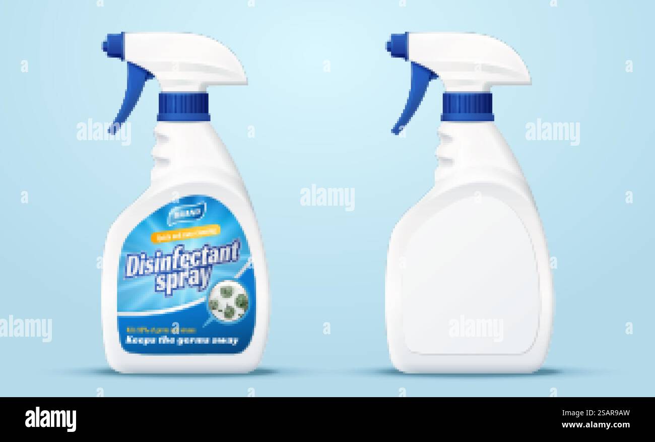 Set di due flaconi spray in plastica. Mockup più puliti isolati su sfondo azzurro nell'illustrazione 3D... Bottiglie spray in plastica Illustrazione Vettoriale