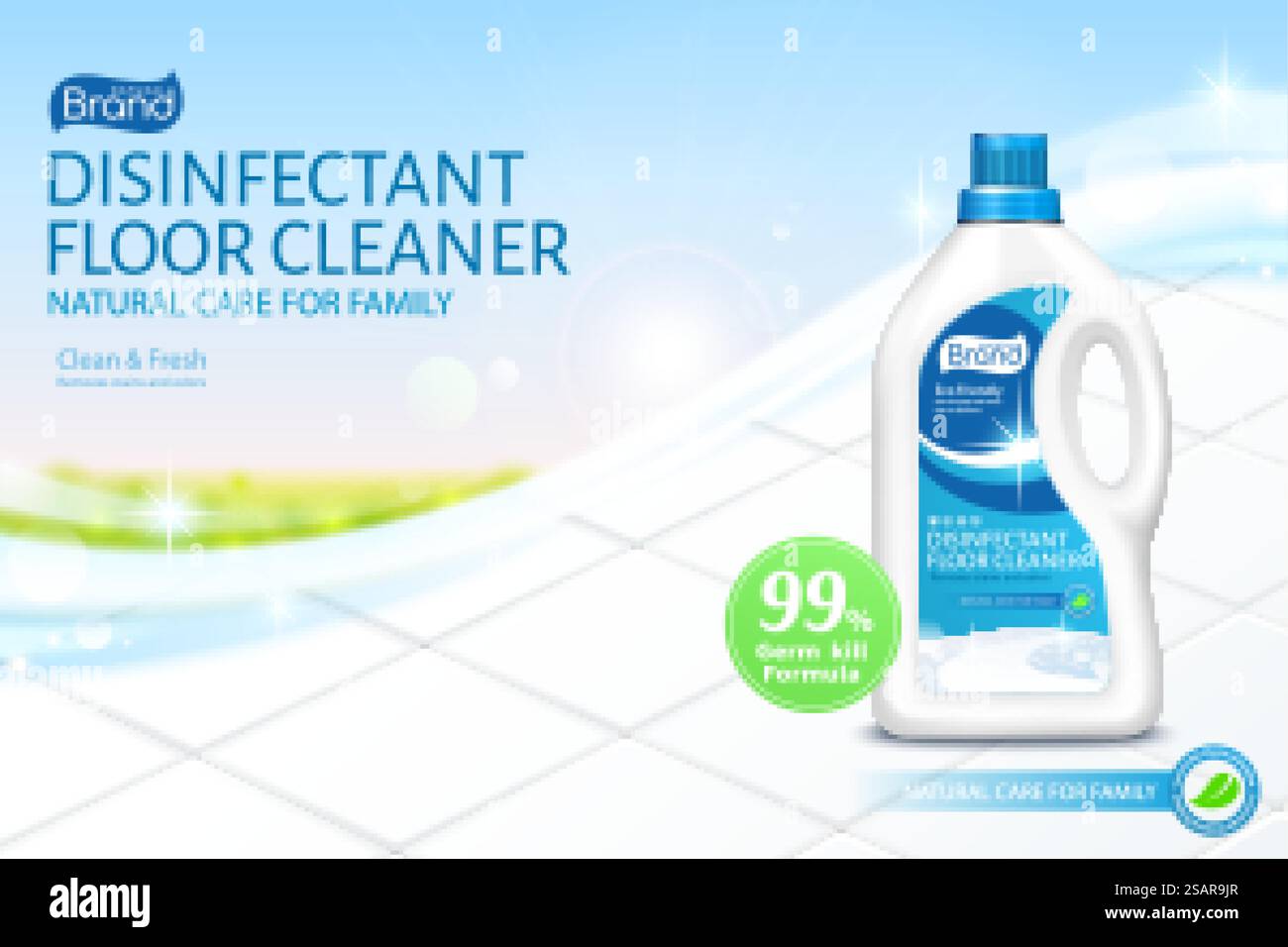 Modello pubblicitario del detergente per pavimenti. set di mock-up per biberon 3d su pavimento in piastrelle bianco lucido con cielo blu. Concetto di cura bio-naturale per la casa e la famiglia. Annunci per detergente per pavimenti BIO Natural Illustrazione Vettoriale