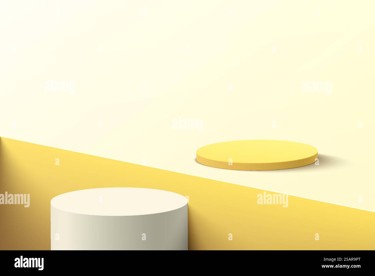 Piedistallo cilindrico 3D bianco e giallo astratto su pavimento giallo chiaro e scanalatura quadrata. Scenografia minimale giallo pastello per la presentazione del prodotto. Progettazione di piattaforme di rendering geometrico vettoriale. Illustrazione Vettoriale