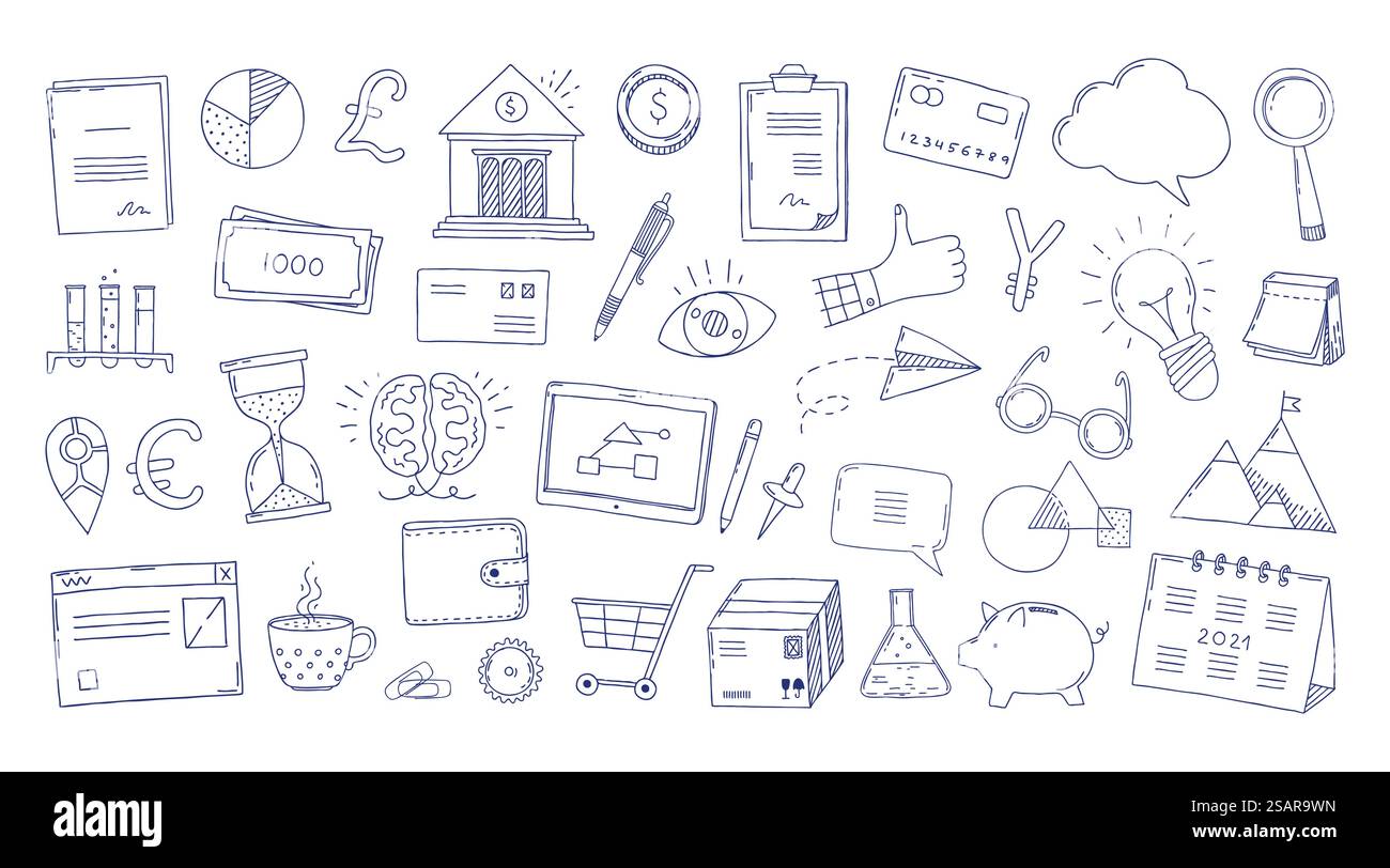 Icone Doodle. Segnali d'affari disegnati a mano. Schizzo creativo della banca o avvio di successo. Lettere o note cartacee. Simboli scientifici e finanziari isolati. Set di elementi grafici decorativi minimali vettoriali. Icone Doodle. Segnali d'affari disegnati a mano. Schizzo creativo della banca o avvio di successo. Lettere o note cartacee. Simboli scientifici e finanziari. Set di elementi decorativi Vector minimal Illustrazione Vettoriale