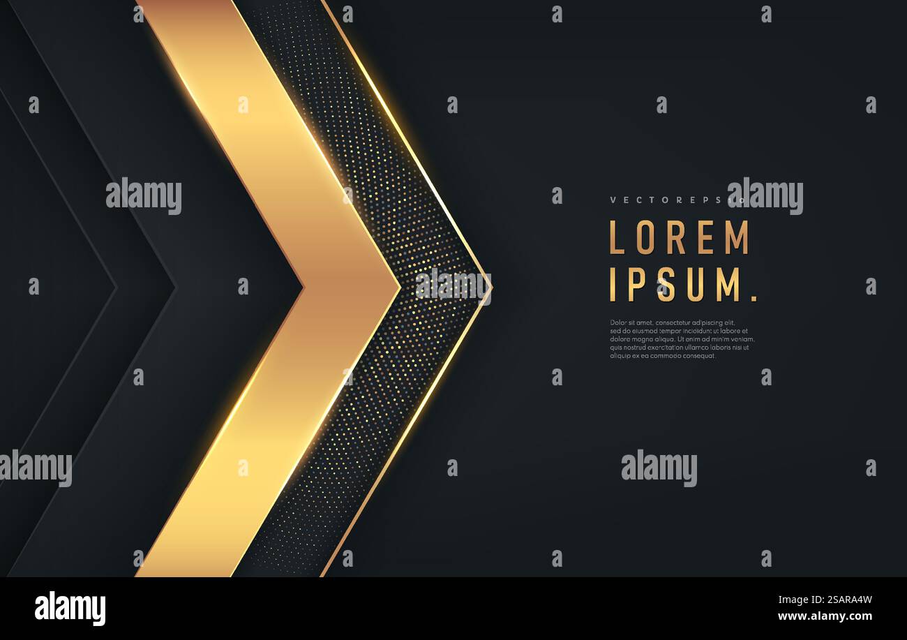 Forma triangolare nera e dorata su sfondo scuro con spazio di copia. Decorazioni dorate con glitter. Progettazione per presentazione, banner, copertina, Web, opuscolo, carta, poster, gioco, texture, diapositiva. Illustrazione vettoriale Illustrazione Vettoriale