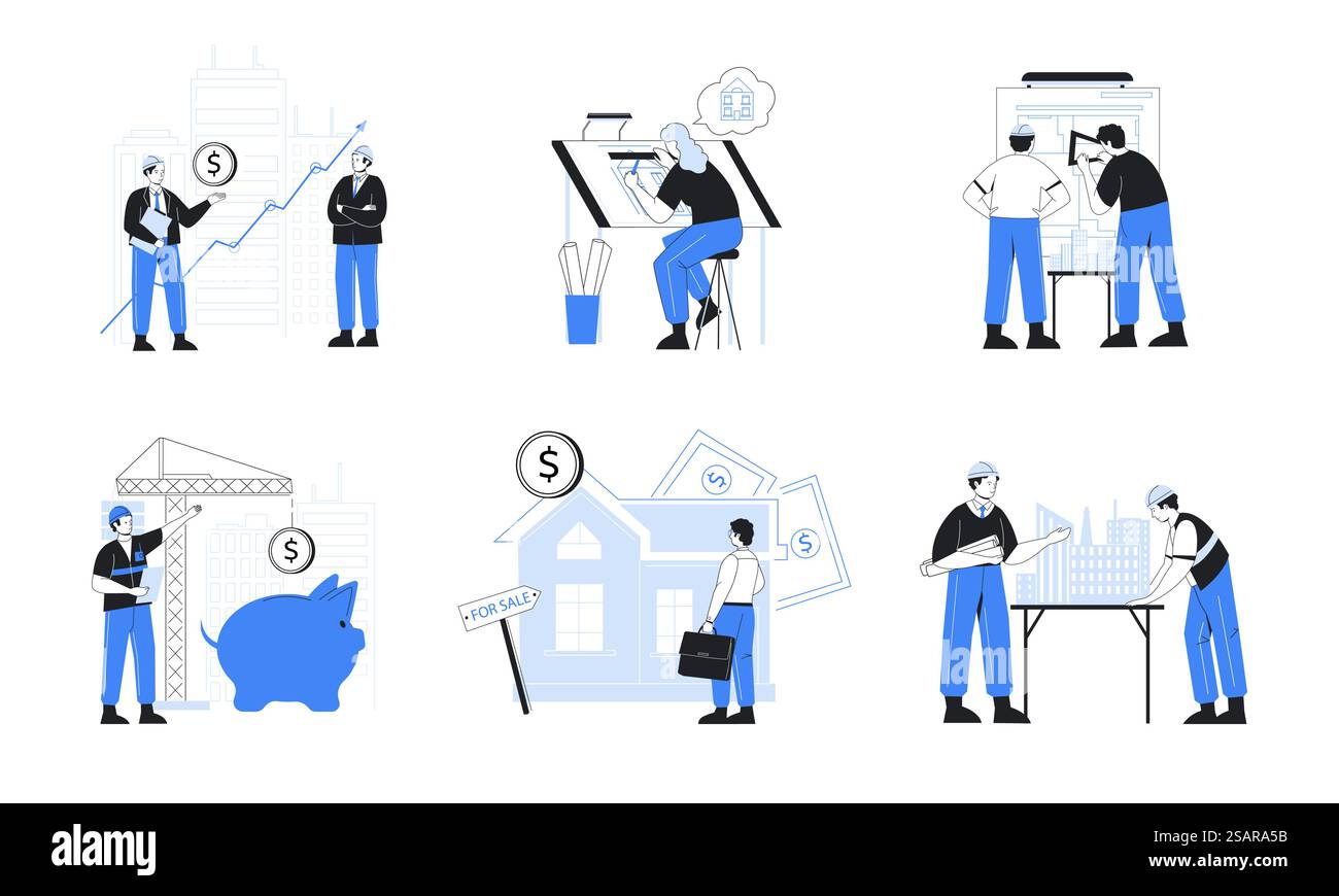 Investimenti immobiliari. Architetti e agenti immobiliari che lavorano con la progettazione architettonica. Gli uomini d'affari dei cartoni animati investono denaro in abitazioni in costruzione. La gente compra beni immobili, set vettoriale. Investimenti immobiliari. Architetti e agenti immobiliari che lavorano con la progettazione architettonica. Gli uomini d'affari investono in abitazioni in costruzione. La gente compra beni immobili, set vettoriale Illustrazione Vettoriale