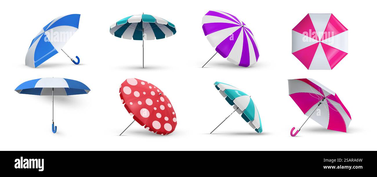 Ombrellone. Ombrelloni realistici. Attrezzatura 3D aperta per la protezione dalla luce solare o dalla pioggia. Vista da diversi lati su una tettoia a strisce costiere isolata. Modelli di ombrellone per piscina. Set di accessori vettoriali. Ombrellone. Ombrelloni realistici. Attrezzatura 3D per la protezione dalla luce solare o dalla pioggia. Vista da diversi lati sulla tettoia a righe della costa. Modelli di ombrellone per piscina. Set di accessori vettoriali Illustrazione Vettoriale