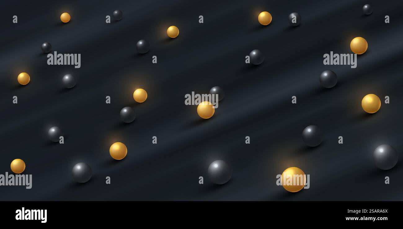 Sfera 3d nera e dorata su sfondo nero sfocato. Design astratto del banner di colore scuro. È possibile utilizzare per presentazioni, banner, copertina, Web, opuscoli, carta, poster, gioco, diapositiva. EPS10 vettoriale Illustrazione Vettoriale