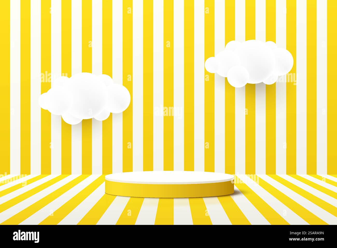 Piedistallo cilindro giallo 3D astratto realistico su strisce prospettiche gialle e bianche. Scenografia minima gialla per la presentazione del prodotto. Volo in cloud. Piattaforma di rendering geometrico vettoriale. Illustrazione Vettoriale