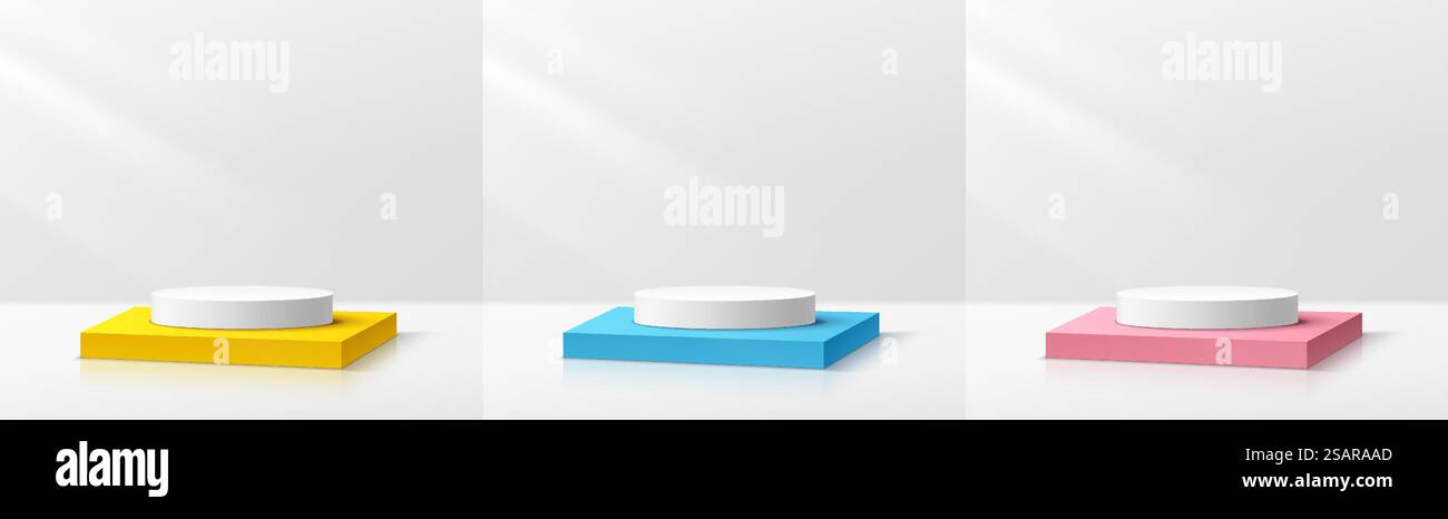 Set di piedistallo bianco realistico su podio cubico giallo, blu e rosa in camera astratta bianca. Rendering vettoriale della forma 3D. Cilindro e tavolino a cubo per l'esposizione del prodotto con una scena minimale pastello. Illustrazione Vettoriale