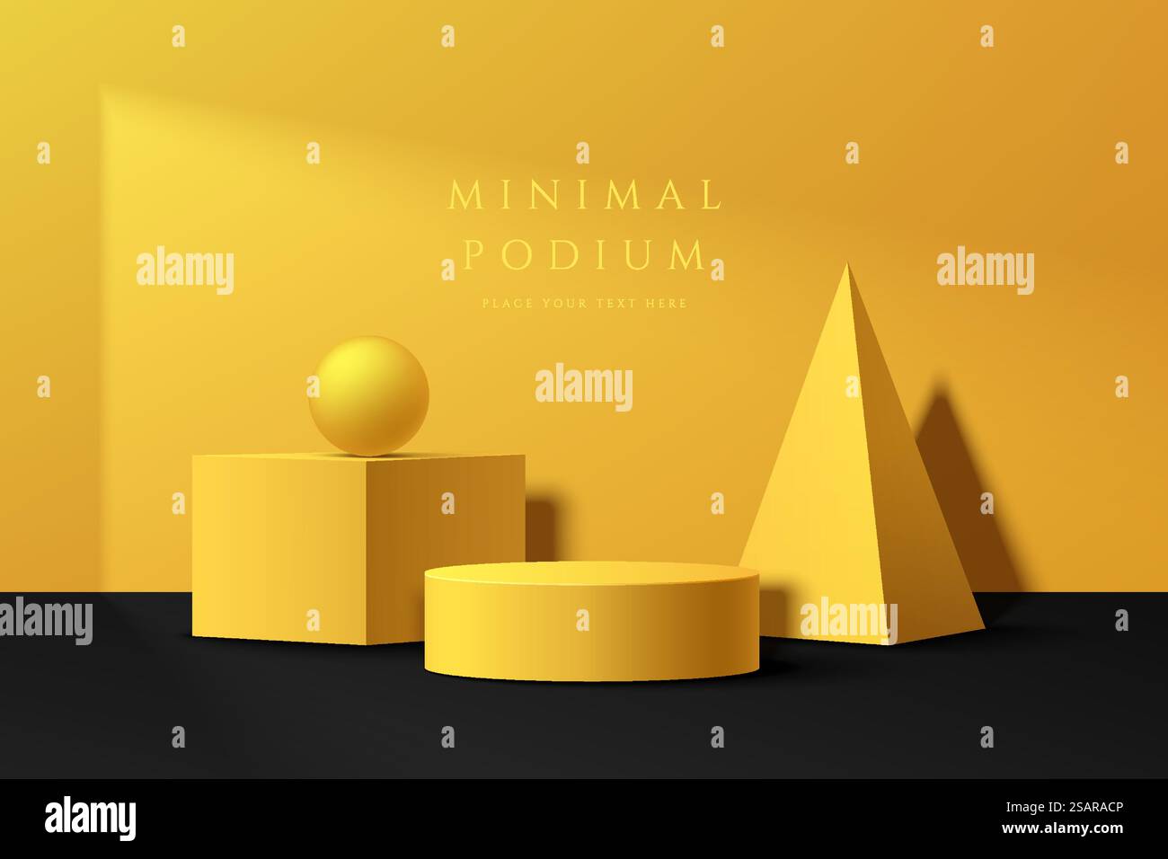Camera 3D astratta con podio geometrico giallo realistico su pavimento nero. Scenografia murale minima per la presentazione del prodotto. Progettazione di piattaforme geometriche vettoriali. Palcoscenico per la vetrina. Illustrazione Vettoriale