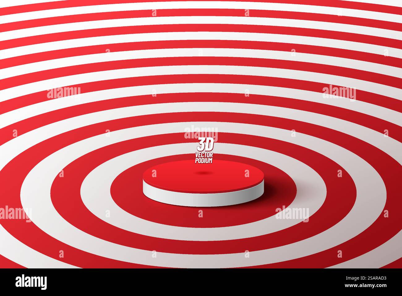 Camera 3D astratta con piedistallo cilindrico realistico su fondo rosso e bianco radiale. Scenografia minima per la presentazione del prodotto. Progettazione di piattaforme geometriche vettoriali. Vetrina sul palcoscenico. Illustrazione Vettoriale