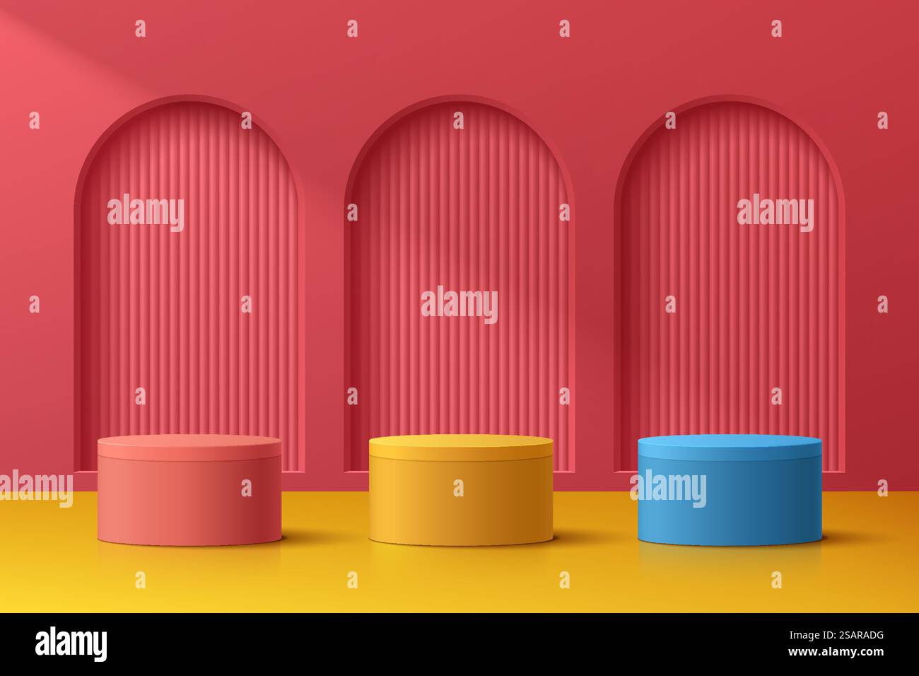 Camera 3D astratta con podio cilindrico realistico di colore blu, giallo e rosso su porta ad arco rossa. Scenografia minima per la presentazione del prodotto. Progettazione di piattaforme geometriche vettoriali. Palcoscenico per la vetrina Illustrazione Vettoriale
