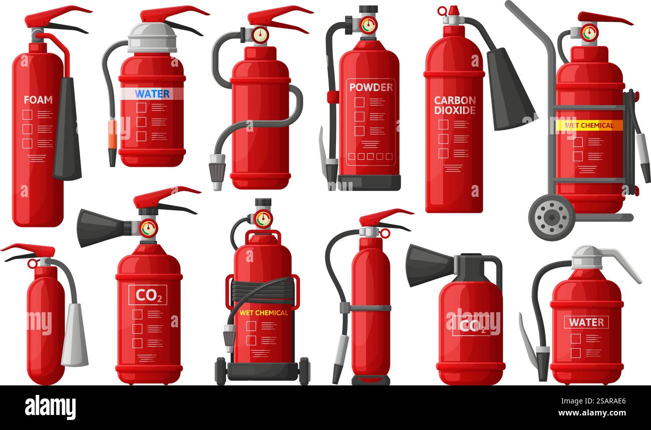 Estintori, dispositivi antincendio, dispositivi antincendio, dispositivi di sicurezza. Set di illustrazioni vettoriali delle attrezzature di sicurezza antincendio. Raccolta di protezione dell'estintore, estinzione e sicurezza. Estintori, dispositivi antincendio, dispositivi antincendio, dispositivi di sicurezza. Set di illustrazioni vettoriali delle attrezzature di sicurezza antincendio. Protezione estintore Illustrazione Vettoriale