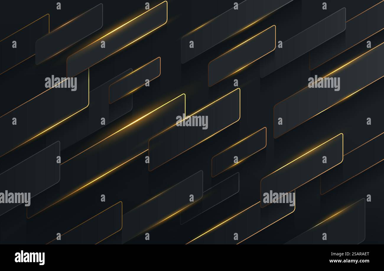 Le strisce diagonali di colore nero e dorato si sovrappongono in modo dinamico su sfondo astratto scuro con spazio di copia. Design moderno di modelli Web per banner. Stile tecnologico futuristico. Illustrazione vettoriale Illustrazione Vettoriale