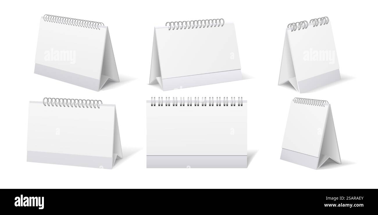 Calendario desktop. Supporto da tavolo vuoto realistico con organizzatore settimanale o mensile. Stativo 3D per il branding. Visualizzazione da diversi punti di vista del promemoria di scadenza dell'ufficio. Supporto pagina vettoriale con raccoglitore a spirale. Calendario desktop. Supporto da tavolo realistico con organiser settimanale o mensile. Stativo 3D per il branding. Visualizzazione da diversi lati del promemoria dell'ufficio. Supporto pagina vettoriale con raccoglitore a spirale Illustrazione Vettoriale