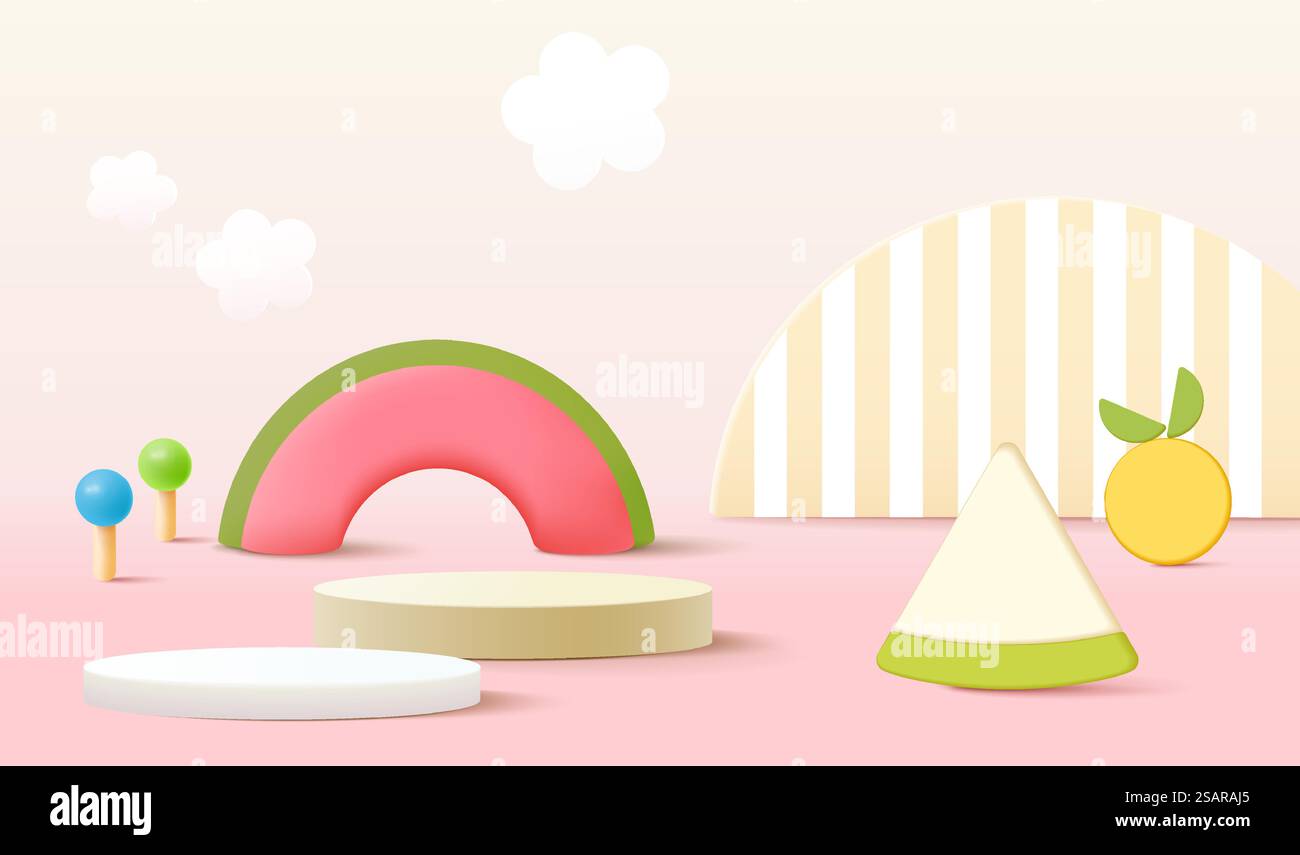 podio 3d su sfondo pastello forme geometriche astratte, esposizione di prodotti per bambini Illustrazione Vettoriale