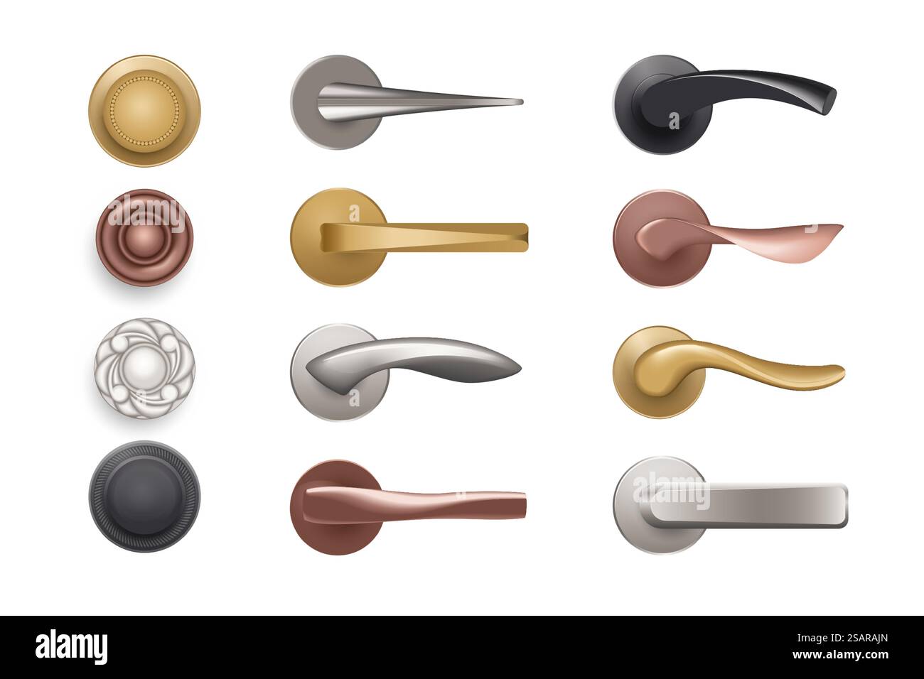 Pomello porta. Maniglie realistiche. Mobili in bronzo e oro per le porte. Elementi decorativi per interni in argento o nero. Oggetti isolati per l'ingresso nella stanza. Maniglie rotonde vettoriali o con bracci di leva. Pomello porta. Maniglie realistiche. Mobili in bronzo e oro per le porte. Elementi decorativi in argento o nero. Oggetti per l'ingresso nella stanza. Maniglie rotonde vettoriali o con bracci di leva Illustrazione Vettoriale