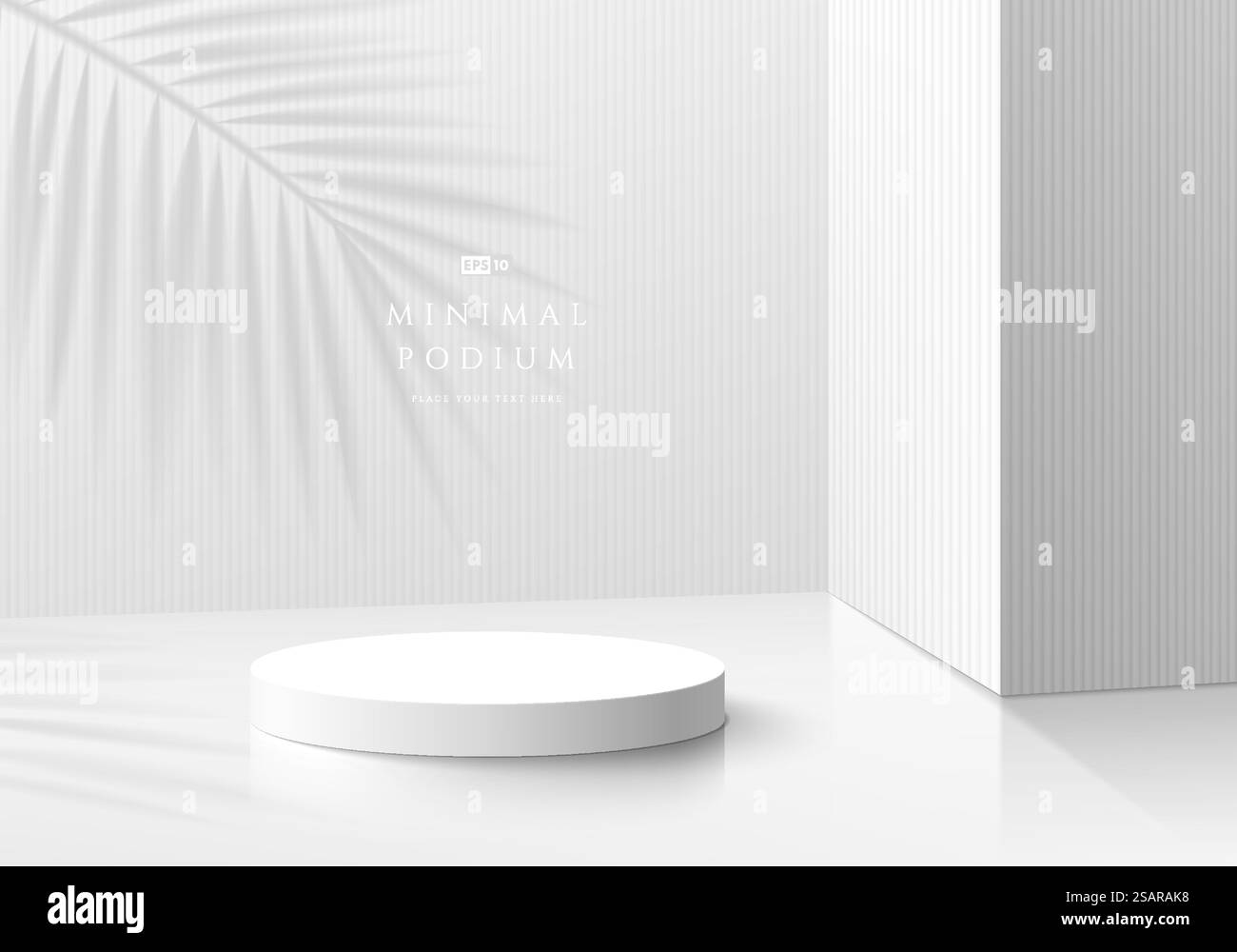 Sfondo 3D astratto, piedistallo cilindro bianco realistico con scena a linee verticali e ombra delle foglie di palma. Scenografia minima per la visualizzazione di un prodotto di mockup. Forma geometrica vettoriale. Vetrina sul palcoscenico. Illustrazione Vettoriale