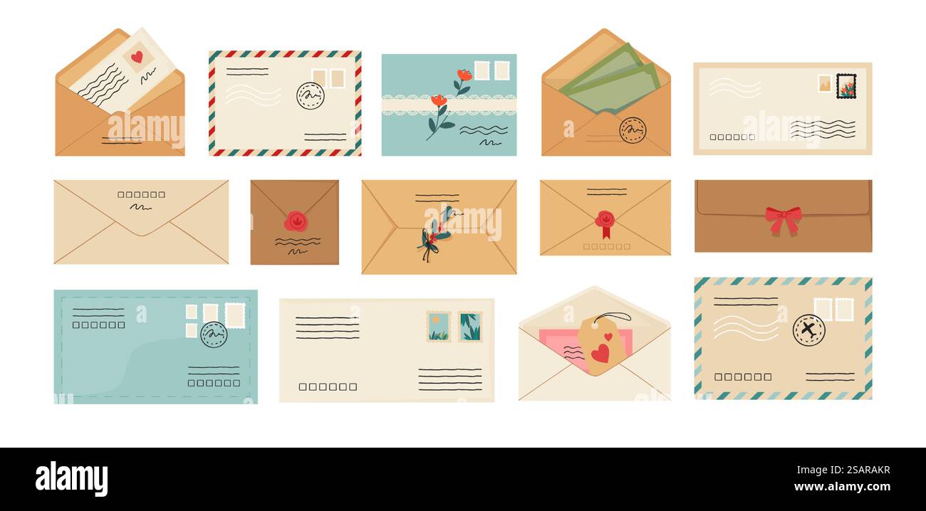Lettere. Buste cartoni animati. Posta aperta e chiusa con francobolli. Consegna corrispondenza postale. Invio di biglietti d'auguri e invito. Set di modelli di messaggi su carta isolata. Carine cartoline vettoriali. Lettere. Buste cartoni animati. Posta aperta e chiusa con francobolli. Consegna della corrispondenza. Invio di biglietti d'auguri e invito. Set di modelli di messaggi su carta isolata. Cartoline vettoriali Illustrazione Vettoriale