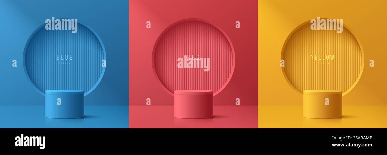 Set di camera 3D astratta con podio cilindro realistico giallo, blu e rosso. Trama linea verticale nella finestra circolare sulla parete. Forme geometriche vettoriali. Display del prodotto di mockup. Scena minimalista. Vetrina sul palcoscenico. Illustrazione Vettoriale
